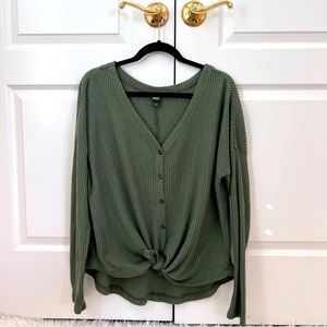 Wild Fable green waffle cut sweater button down front tie long sleeve v neck
